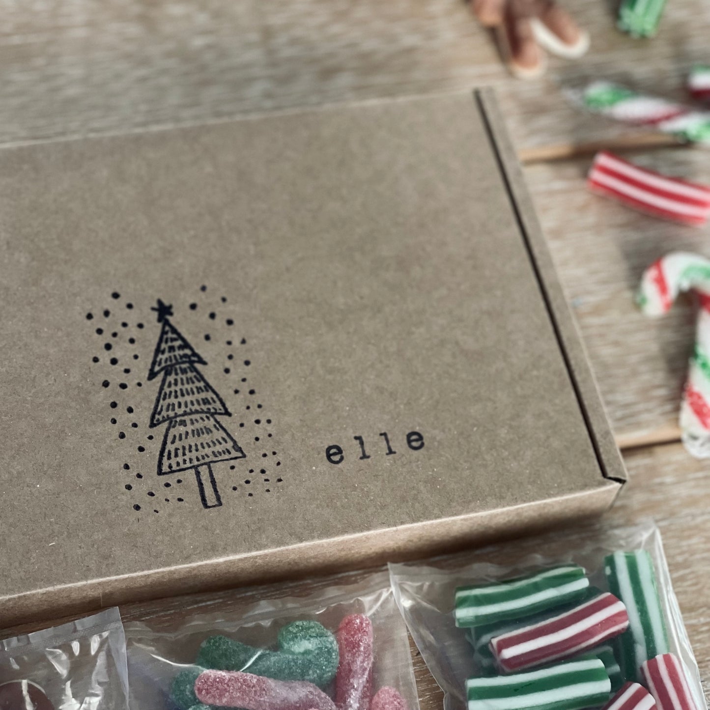 Snowy Tree Hand Stamped Personalised Letterbox Sweets Gift Box